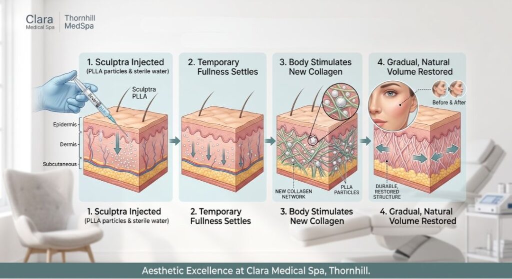 Four-step medical infographic by Clara Medical Spa in Thornhill showing how Sculptra works. It illustrates PLLA particles being injected, stimulating new collagen networks in the skin, and gradually restoring natural facial volume.